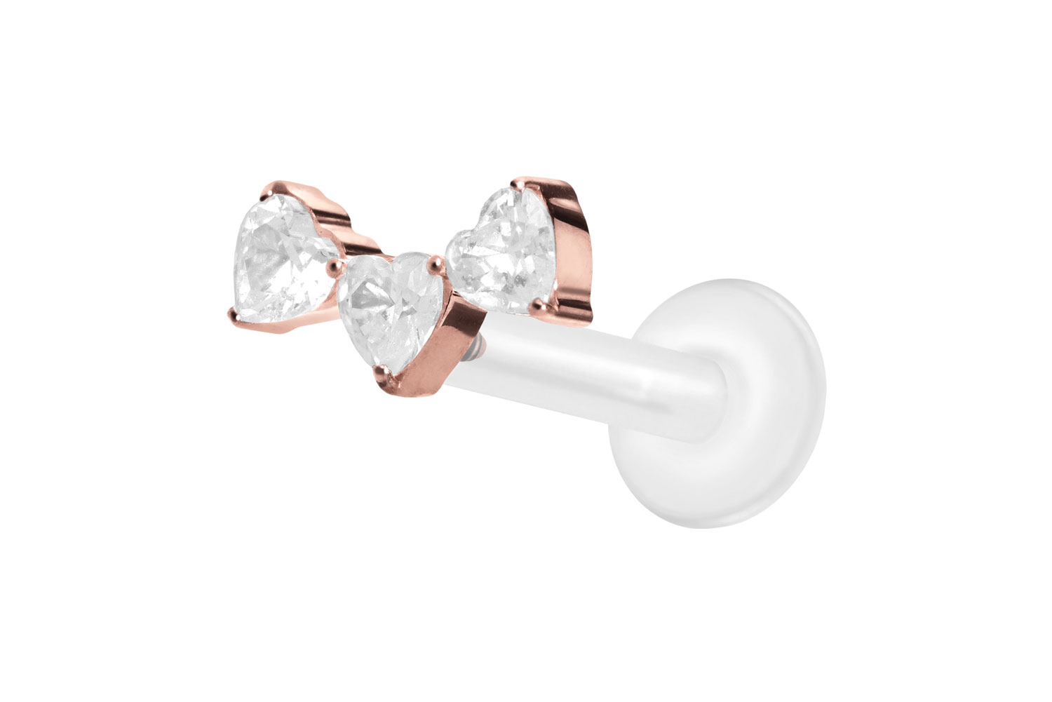 PTFE Labret Piercing mit Innengewinde + Titan-Aufsatz 3 KRISTALLHERZEN